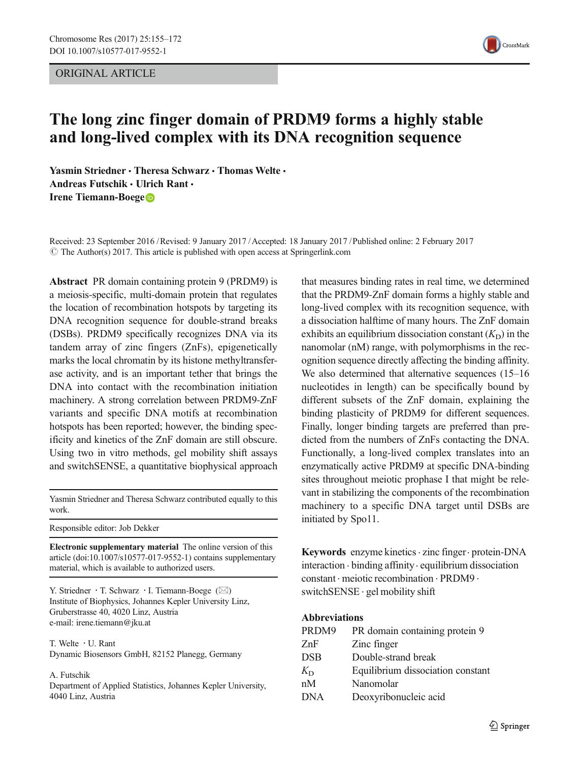 The long zinc finger domain of PRDM9 forms a highly stable and long-lived complex with its DNA recognition sequence by unknow