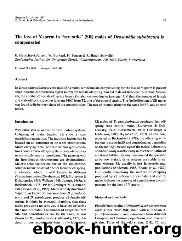 The loss of Y-sperm in “sex ratio” (SR) males of <Emphasis Type="Italic">Drosophila subobseura<Emphasis> is compensated by Unknown