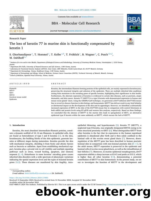 The loss of keratin 77 in murine skin is functionally compensated by keratin 1 by S. Ghorbanalipoor & T. Hommel & T. Kolbe & T. Fröhlich & B. Wagner & C. Posch & M. Dahlhoff