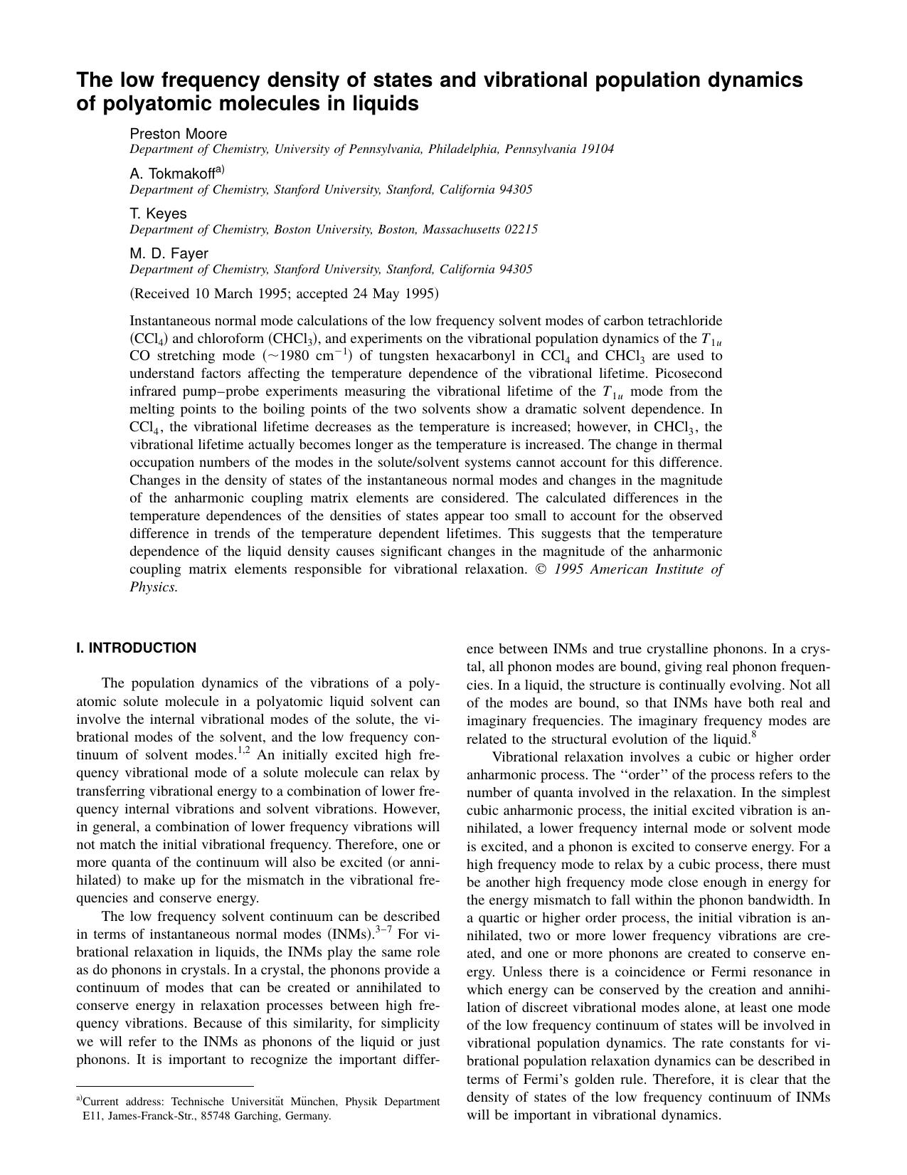 The low frequency density of states and vibrational population dynamics of polyatomic molecules in liquids by Preston Moore & A. Tokmakoff & T. Keyes & M. D. Fayer