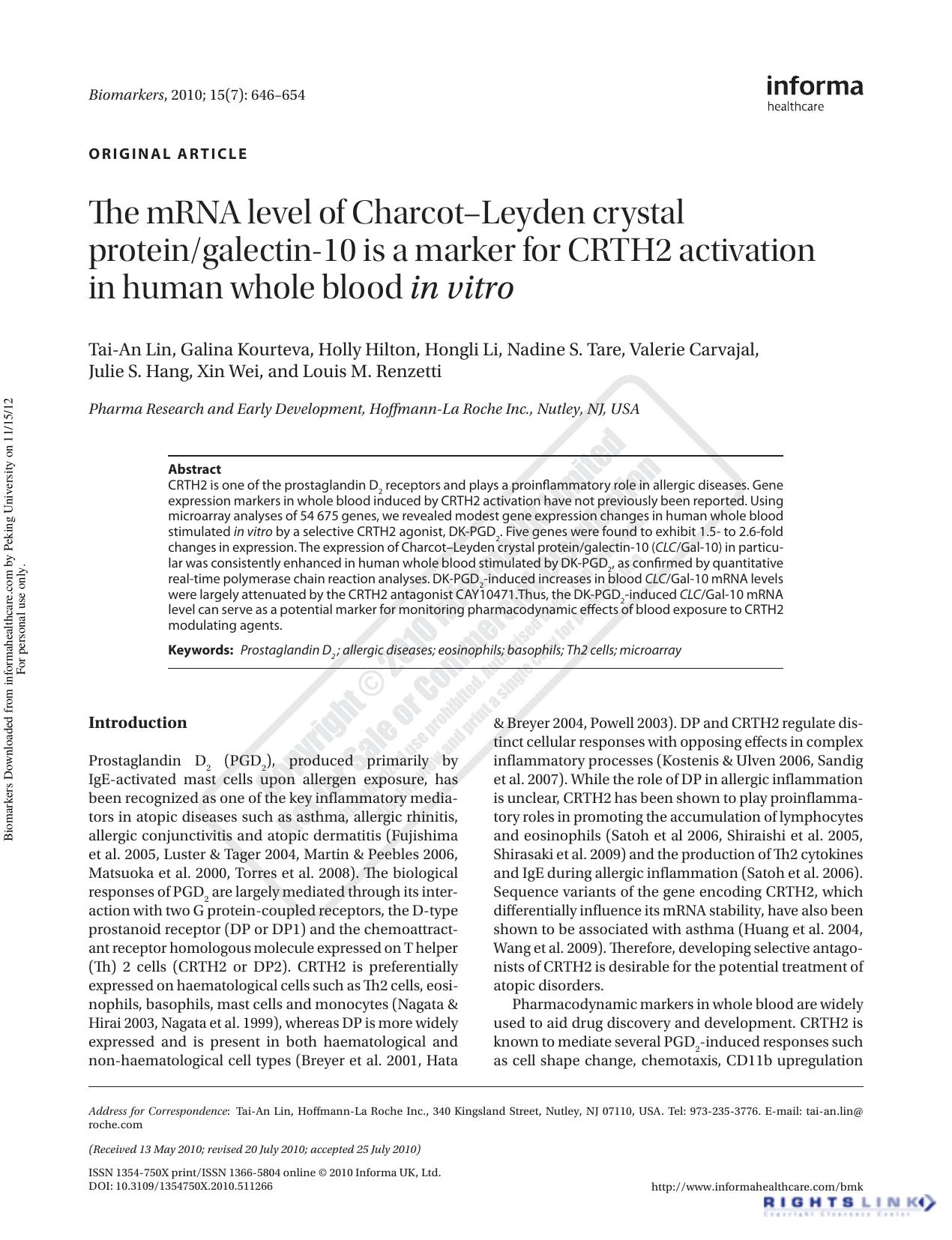 The mRNA level of CharcotâLeyden crystal proteingalectin-10 is a marker for CRTH2 activation in human whole blood in vitro by unknow