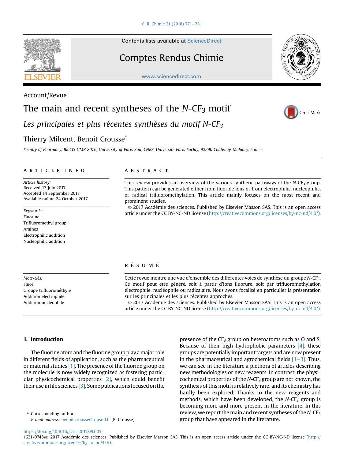 The main and recent syntheses of the N-CF3 motif by Thierry Milcent & Benoit Crousse