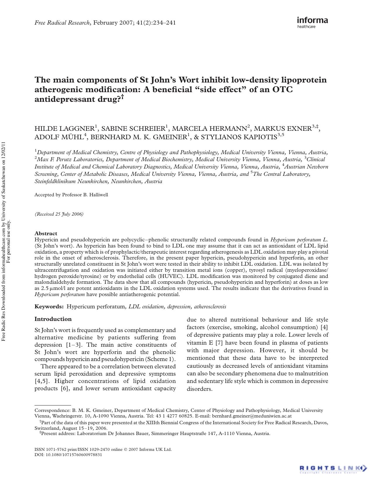The main components of St John's Wort inhibit low-density lipoprotein atherogenic modification: A beneficial âside effectâ of an OTC antidepressant drug?â  by unknow