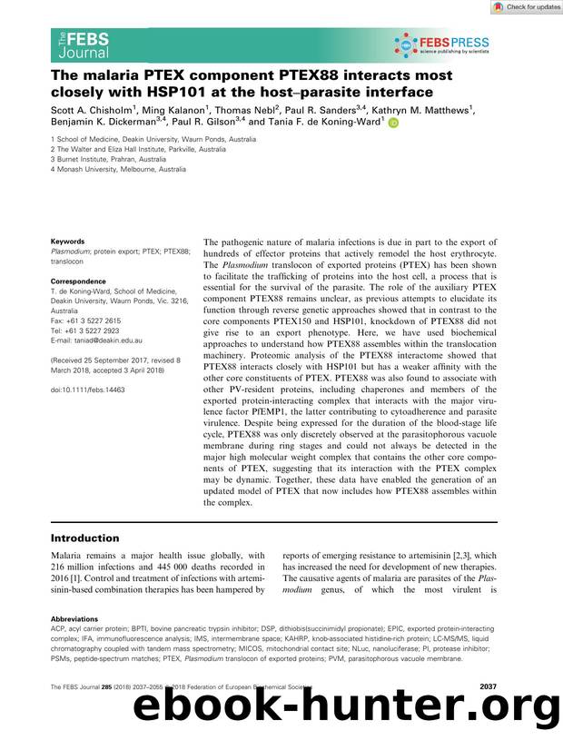 The malaria PTEX component PTEX88 interacts most closely with HSP101 at the hostâparasite interface by Unknown