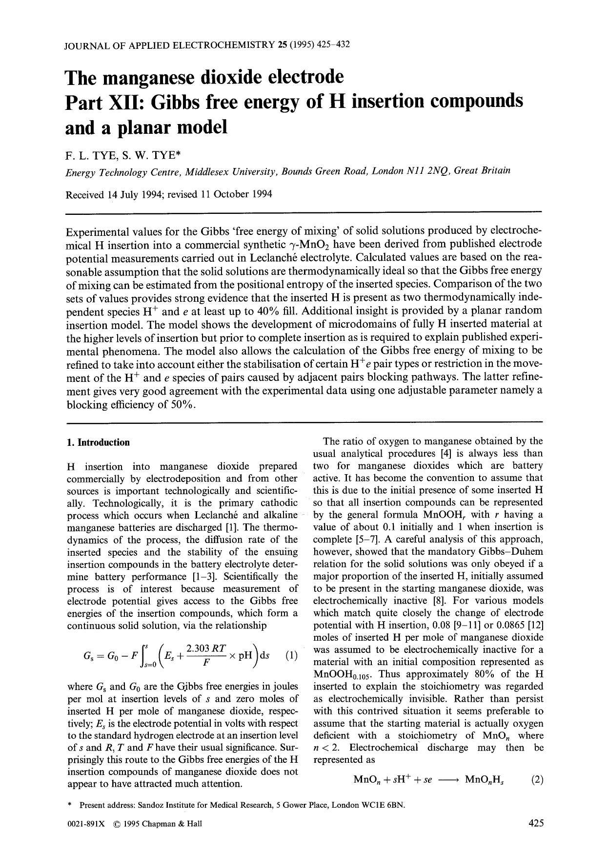 The manganese dioxide electrode Part XII: Gibbs free energy of H insertion compounds and a planar model by Unknown