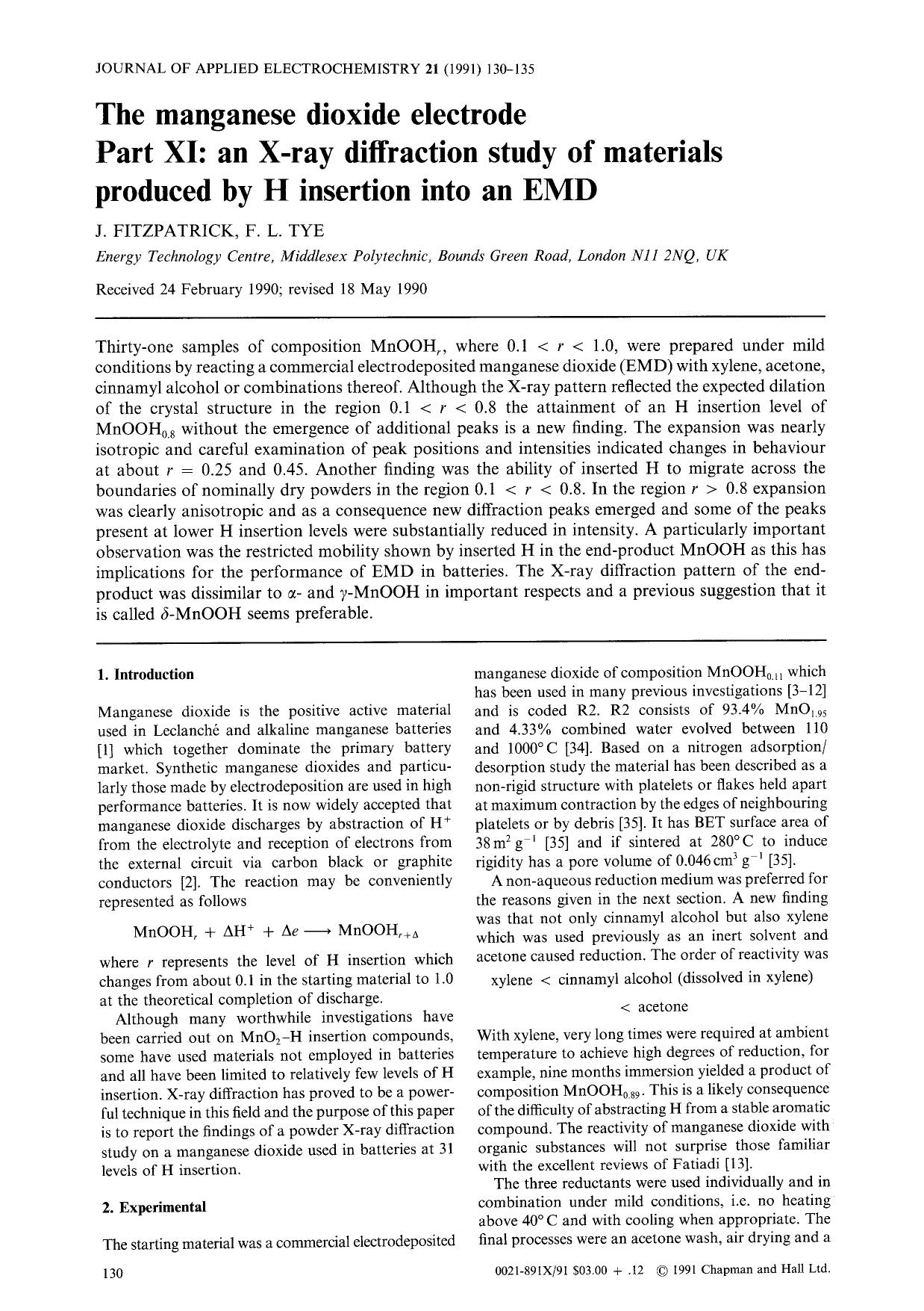 The manganese dioxide electrode part XI: An X-ray diffraction study of materials produced by H insertion into an EMD by Unknown