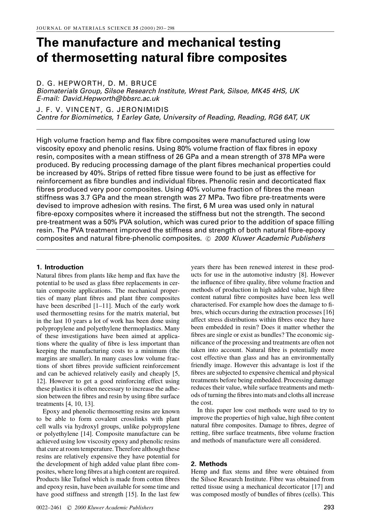 The manufacture and mechanical testing of thermosetting natural fibre composites by Unknown
