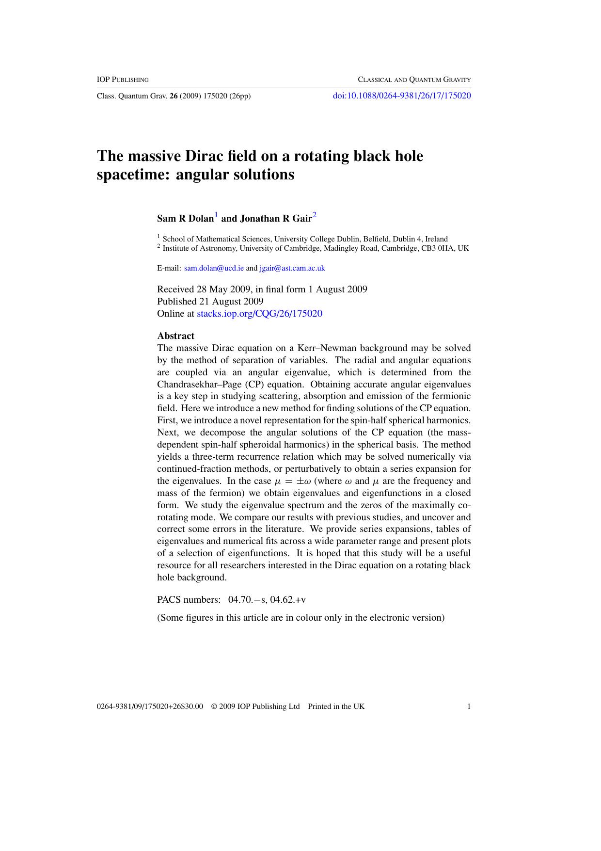 The massive Dirac field on a rotating black hole spacetime: angular solutions by S R Dolan and J R Gair
