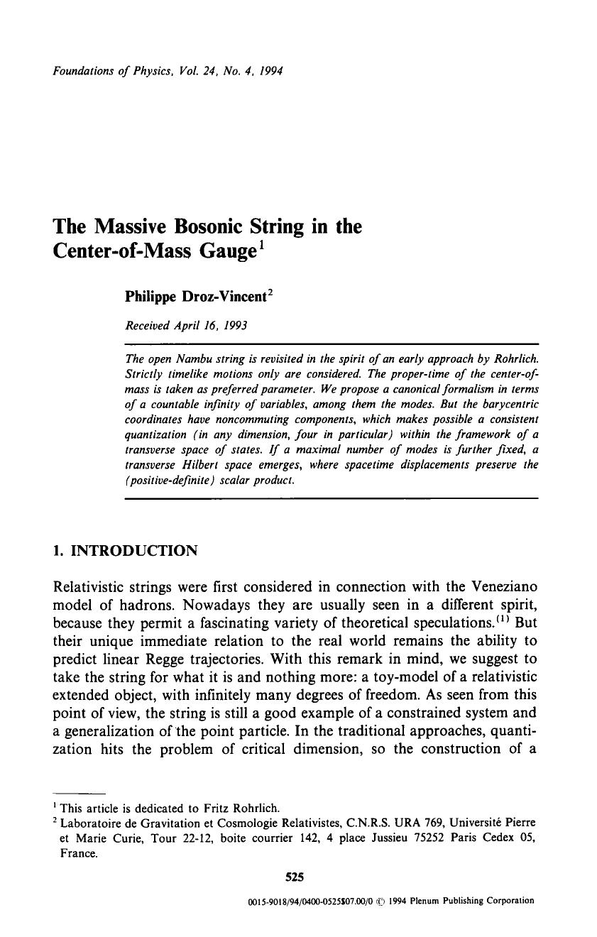 The massive bosonic string in the center-of-mass gauge by Unknown