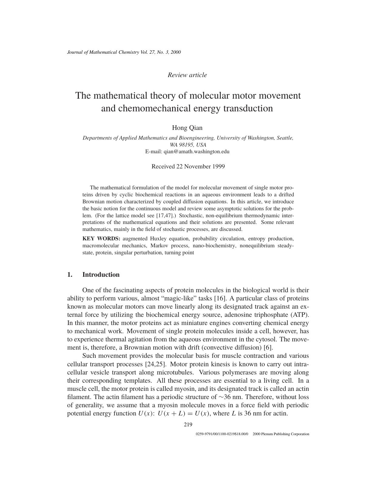 The mathematical theory of molecular motor movement and chemomechanical energy transduction by Unknown