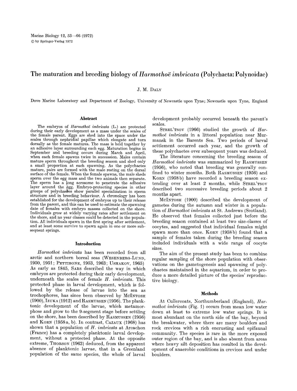 The maturation and breeding biology of <Emphasis Type="Italic">Harmotho&#x00EB; imbricata<Emphasis> (Polychaeta: Polynoidae) by Unknown