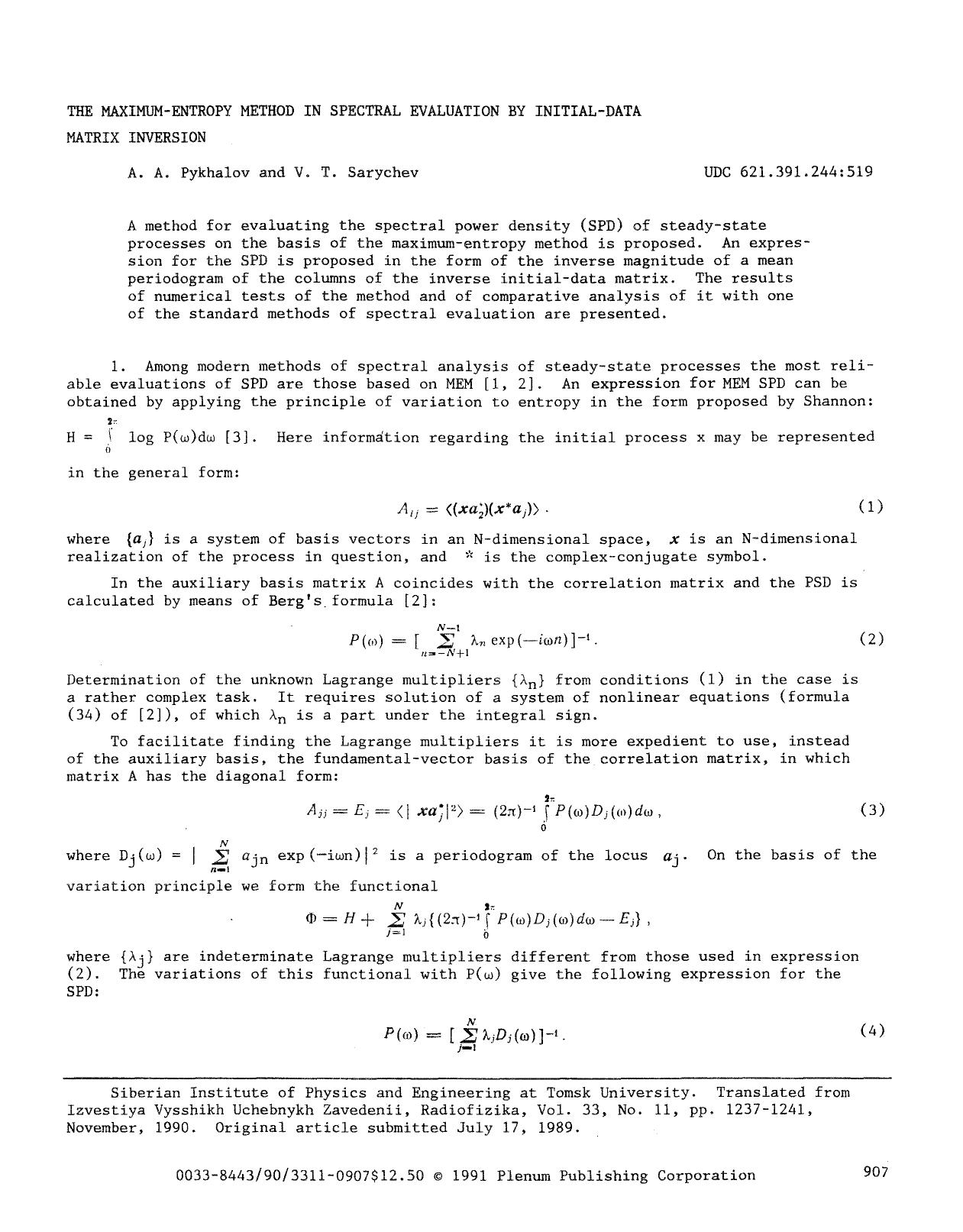 The maximum-entropy method in spectral evaluation by initial-data matrix inversion by Unknown