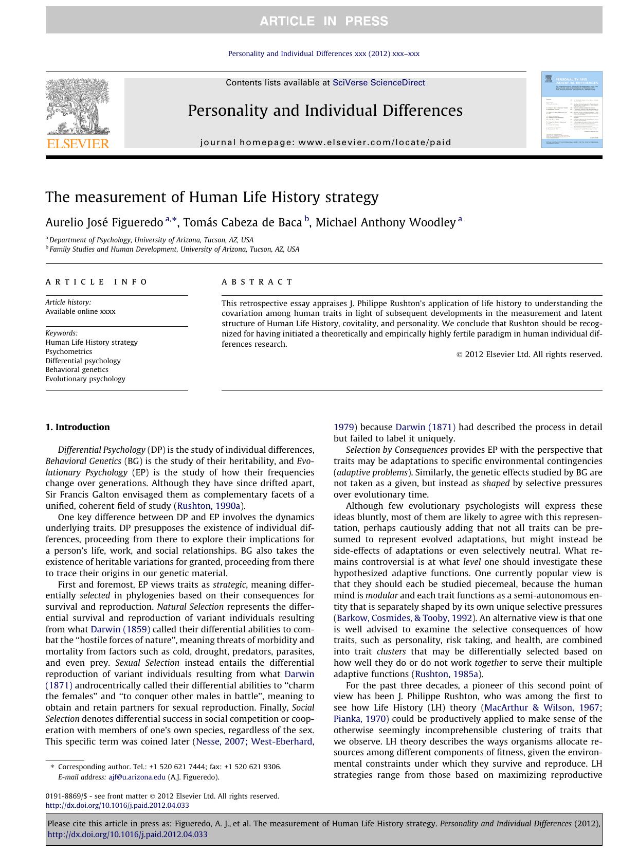 The measurement of Human Life History strategy by Aurelio JosÃ© Figueredo & Tomás Cabeza de Baca & Michael Anthony Woodley