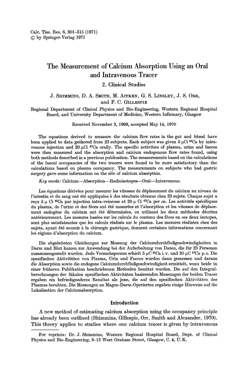 The measurement of calcium absorption using an oral and intravenous tracer by Unknown