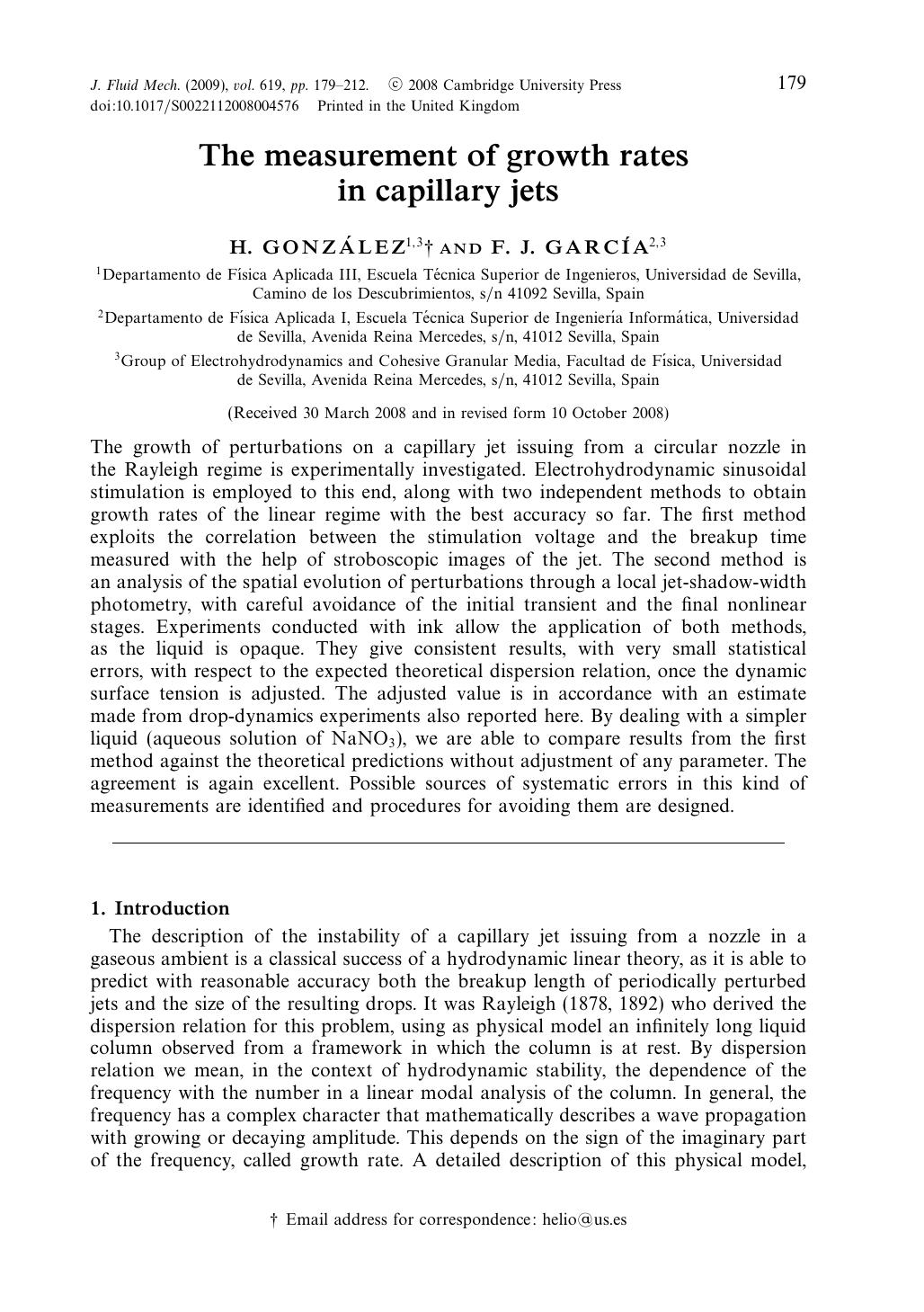 The measurement of growth rates in capillary jets by H. GONZÁLEZ F. J. GARCÍA