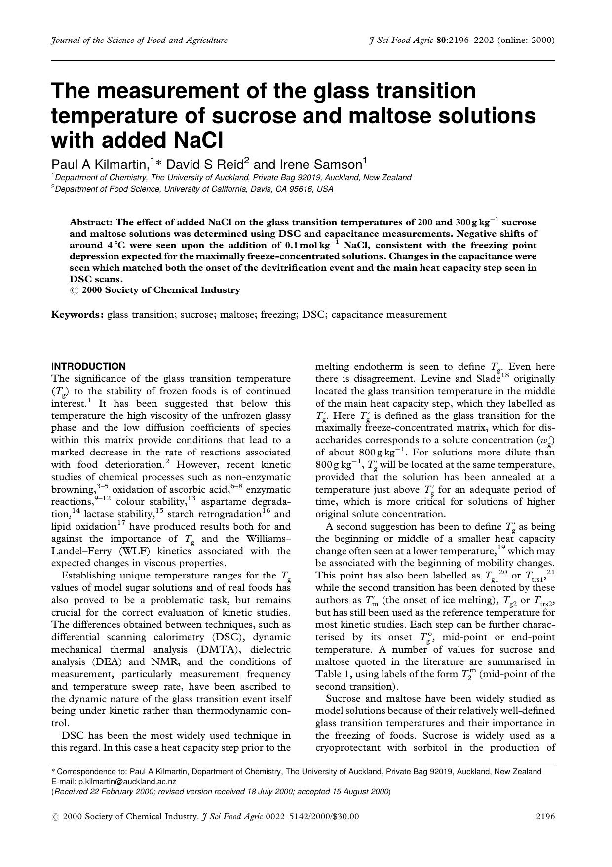 The measurement of the glass transition temperature of sucrose and maltose solutions with added NaCl by Unknown