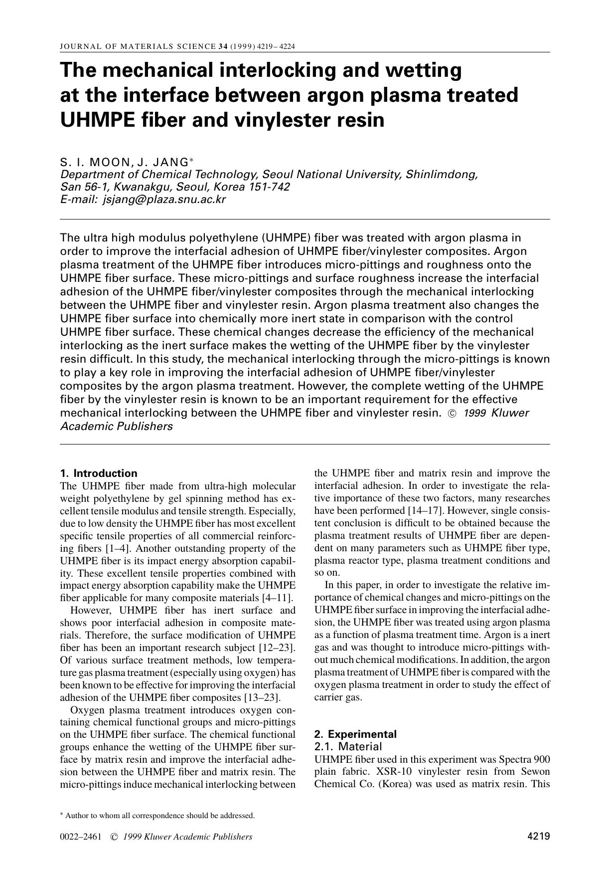 The mechanical interlocking and wetting at the interface between argon plasma treated UHMPE fiber and vinylester resin by Unknown
