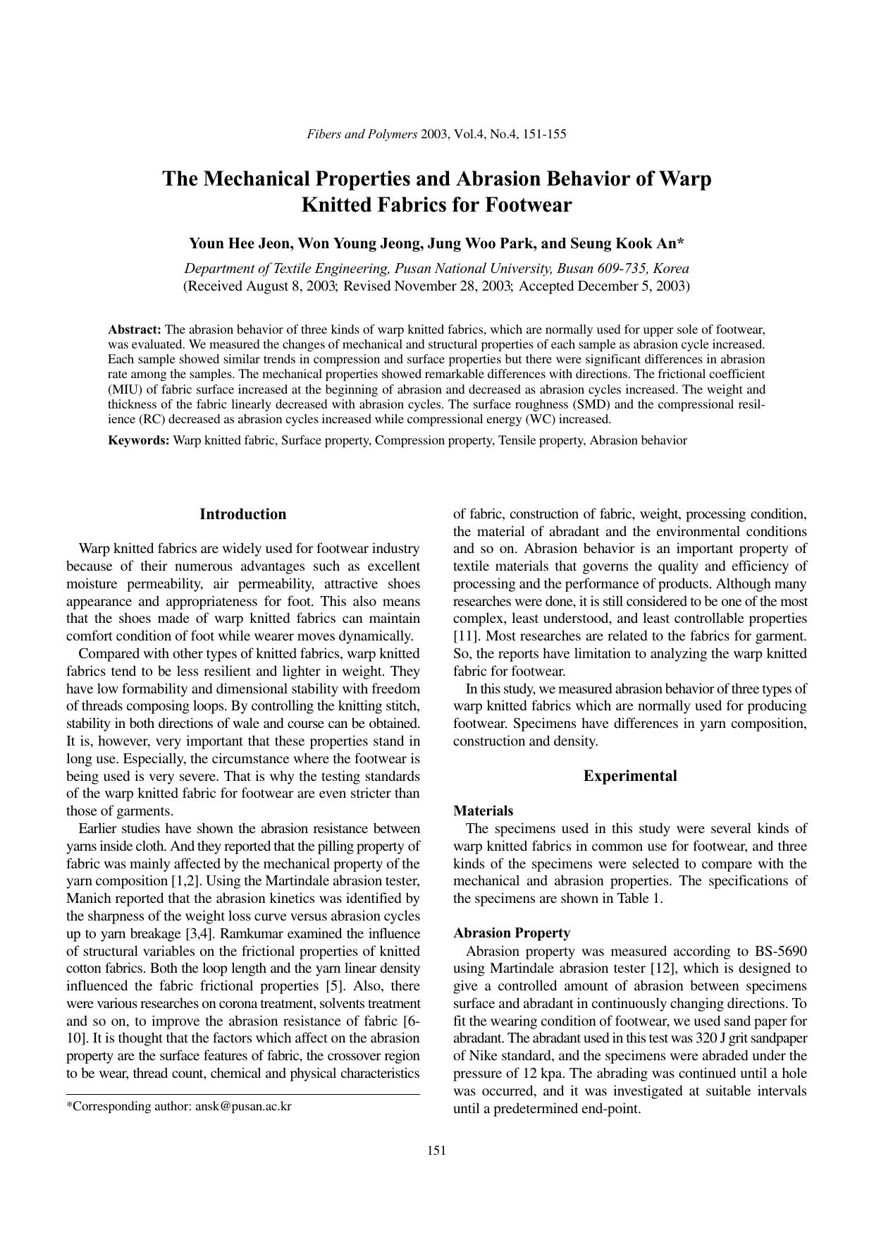 The mechanical properties and abrasion behavior of warp knitted fabrics for footwear by Unknown