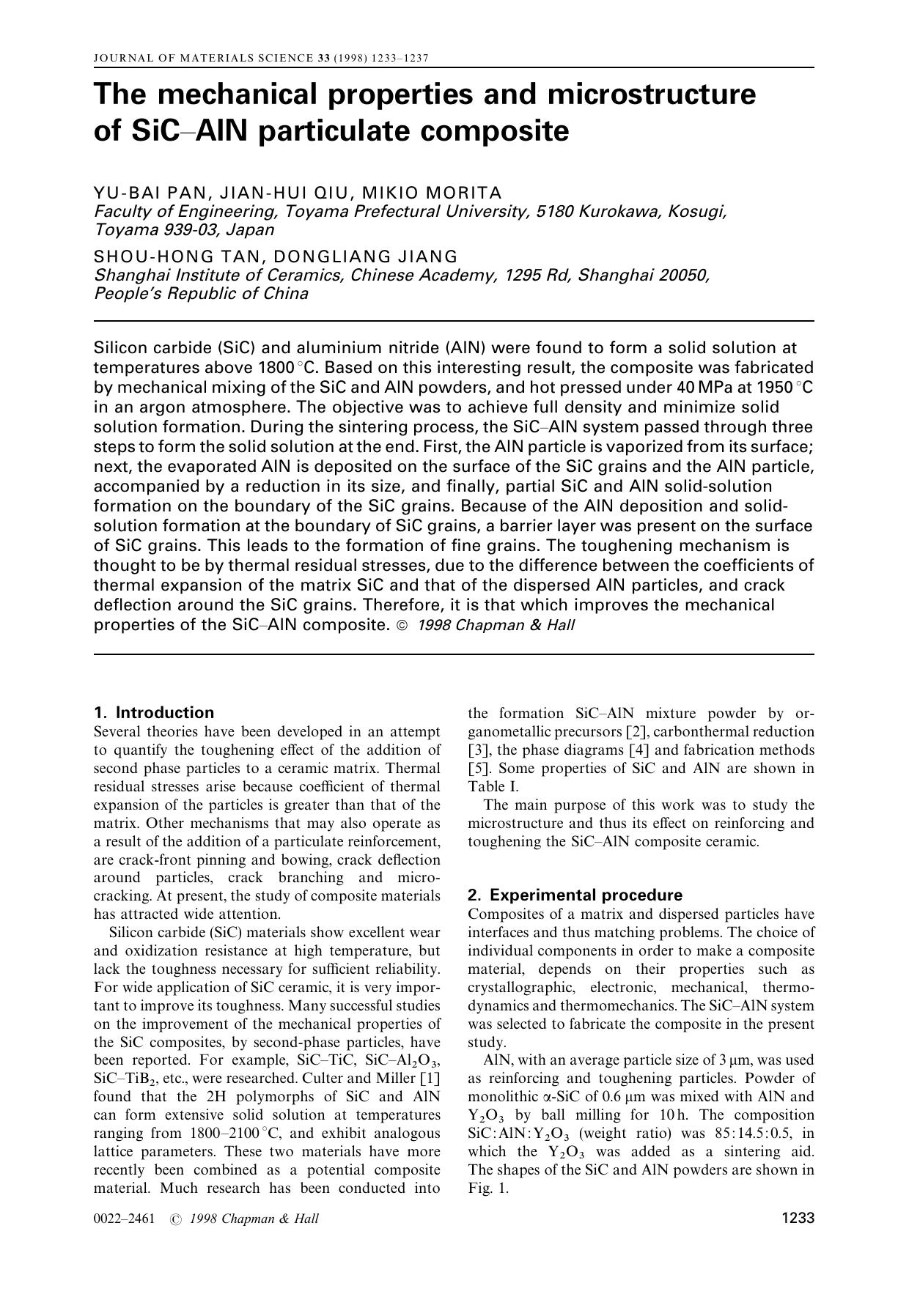 The mechanical properties and microstructure of SiCÃAlN particulate composite by YU-BAI PAN JIAN-HUI QIU MIKIO MORITA SHOU-HONG TAN DONGLIANG JIANG