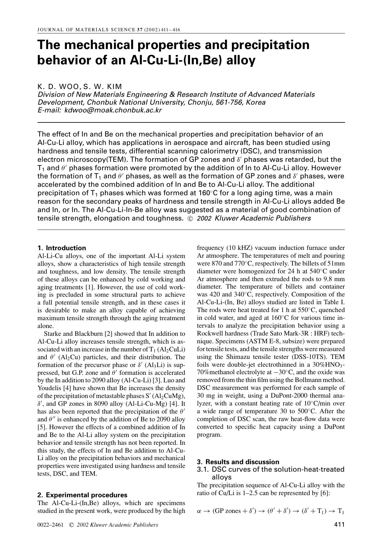The mechanical properties and precipitation behavior of an Al-Cu-Li-(in,Be) alloy by Unknown