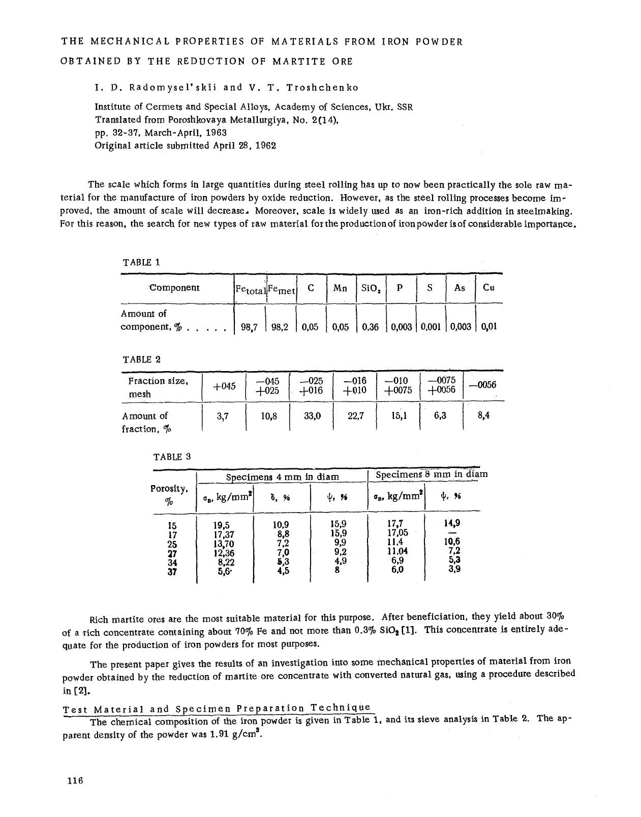 The mechanical properties of materials from iron powder obtained by the reduction of martite ore by Unknown