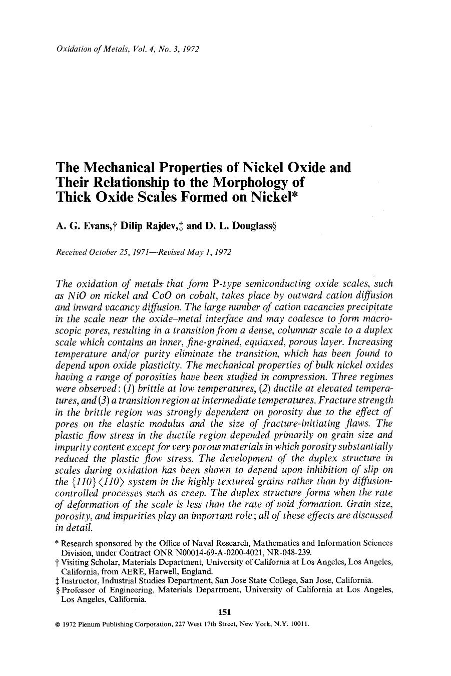 The mechanical properties of nickel oxide and their relationship to the morphology of thick oxide scales formed on nickel by Unknown