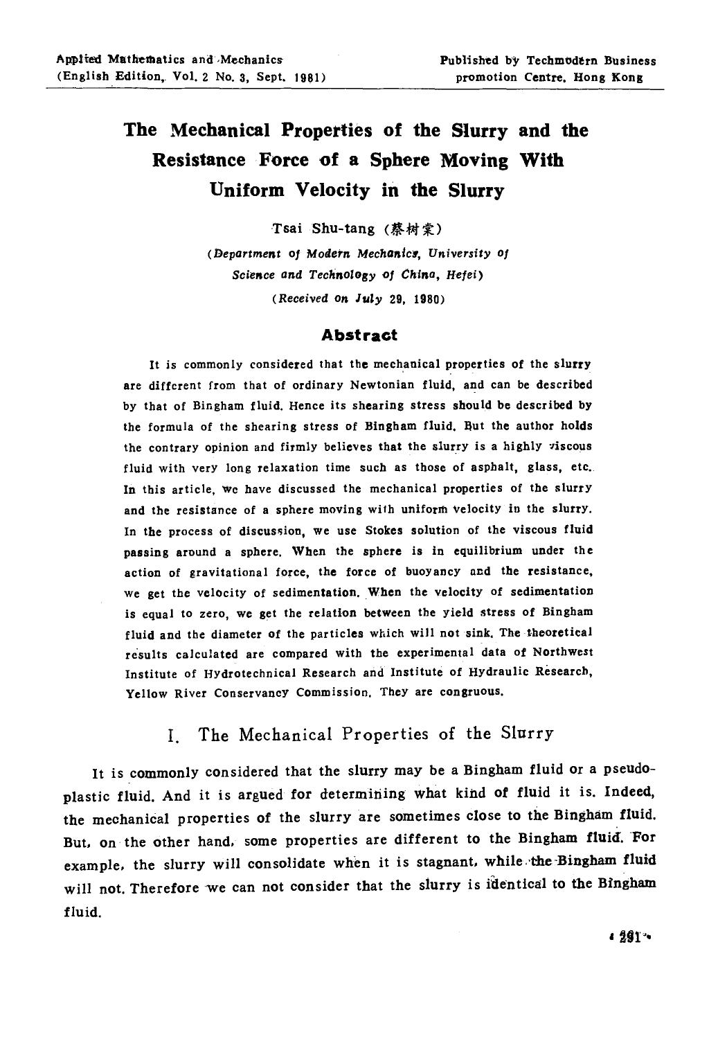 The mechanical properties of the slurry and the resistance force of a sphere moving with uniform velocity in the slurry by Unknown