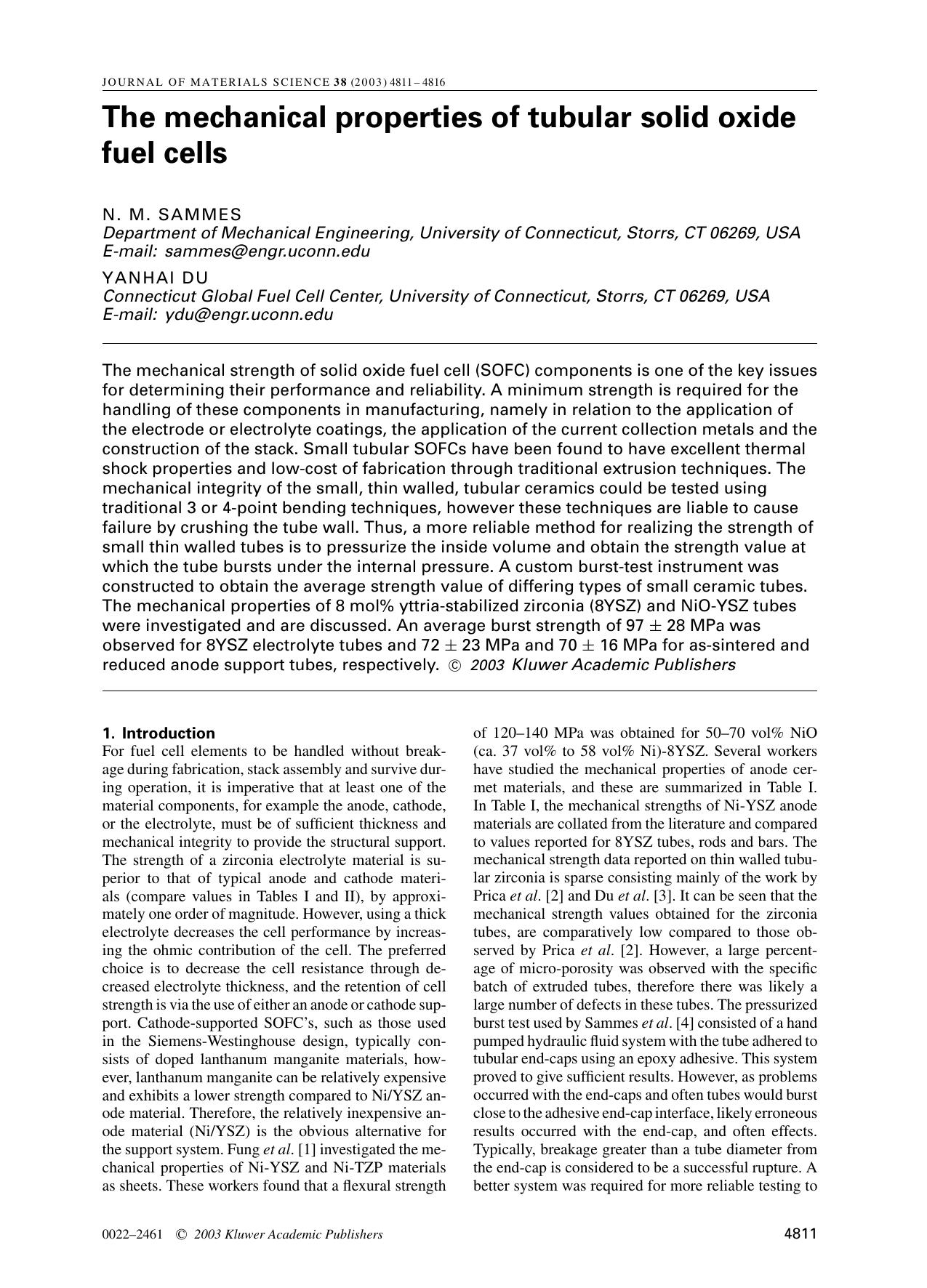 The mechanical properties of tubular solid oxide fuel cells by Unknown