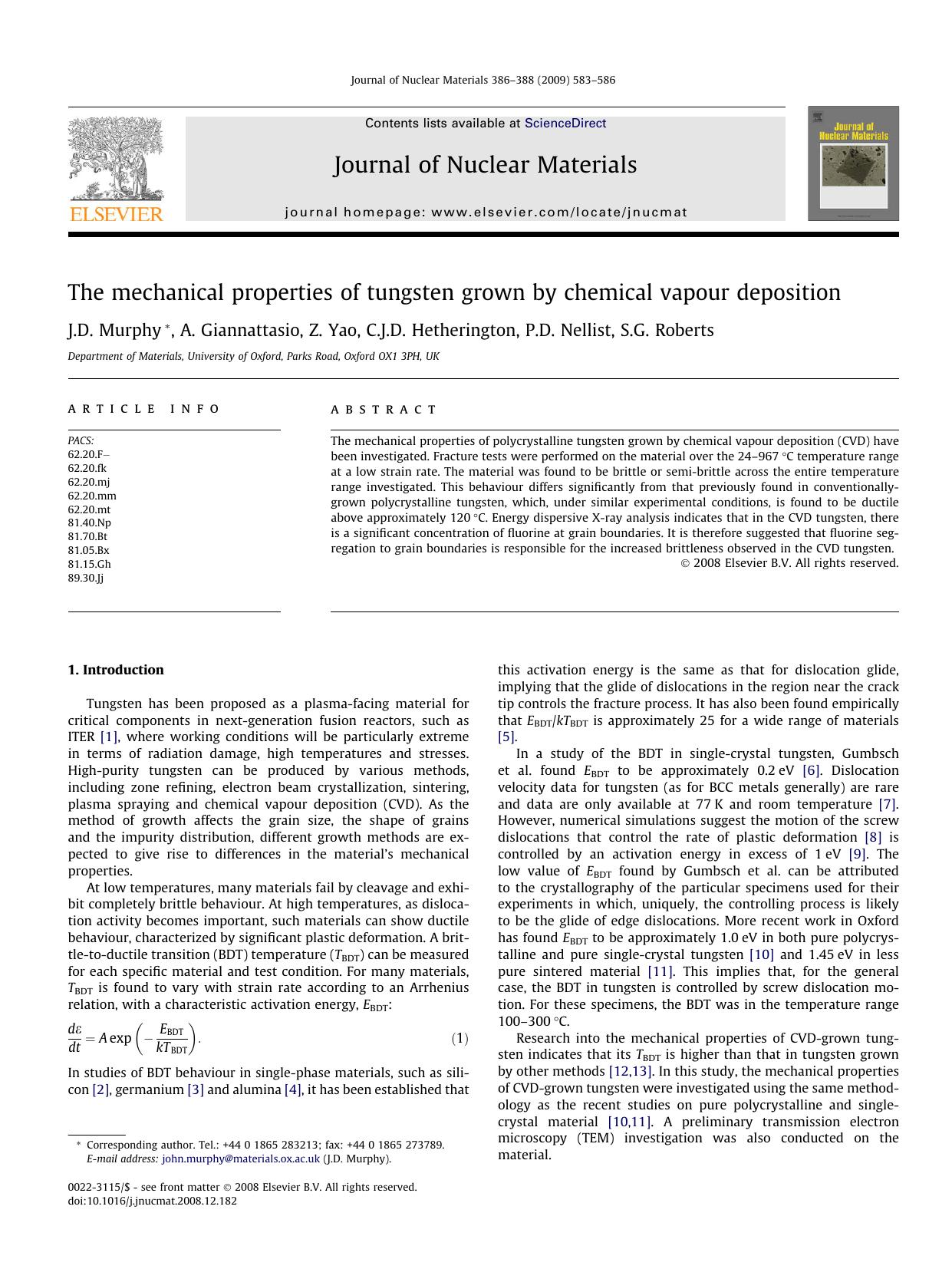 The mechanical properties of tungsten grown by chemical vapour deposition by J.D. Murphy; A. Giannattasio; Z. Yao; C.J.D. Hetherington; P.D. Nellist; S.G. Roberts