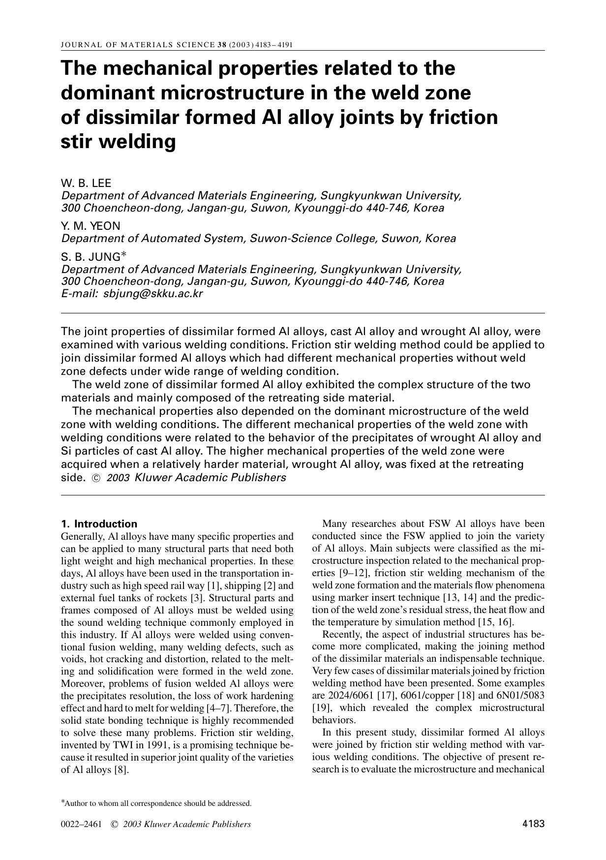 The mechanical properties related to the dominant microstructure in the weld zone of dissimilar formed Al alloy joints by friction stir welding by Unknown
