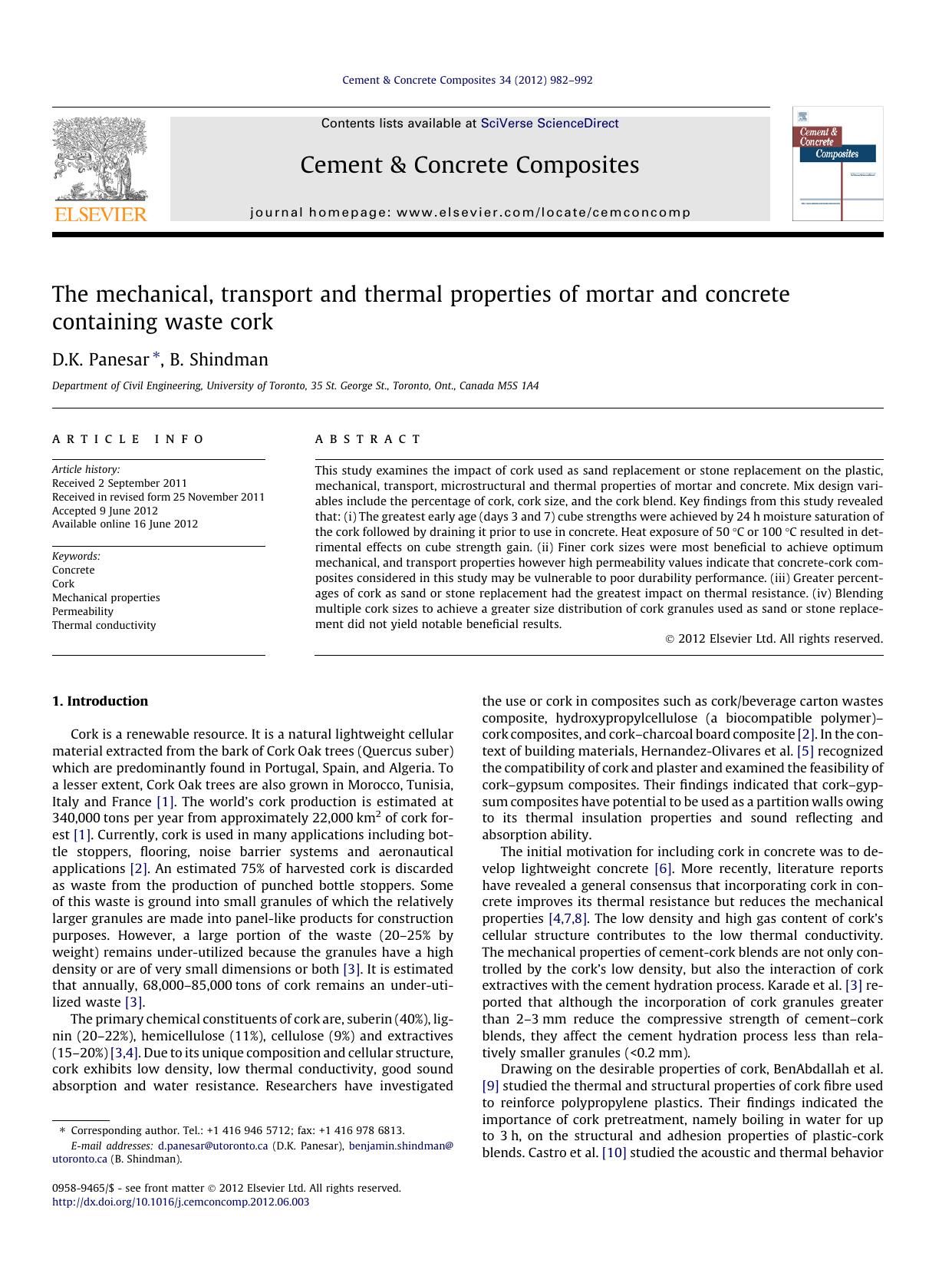 The mechanical, transport and thermal properties of mortar and concrete containing waste cork by D.K. Panesar & B. Shindman