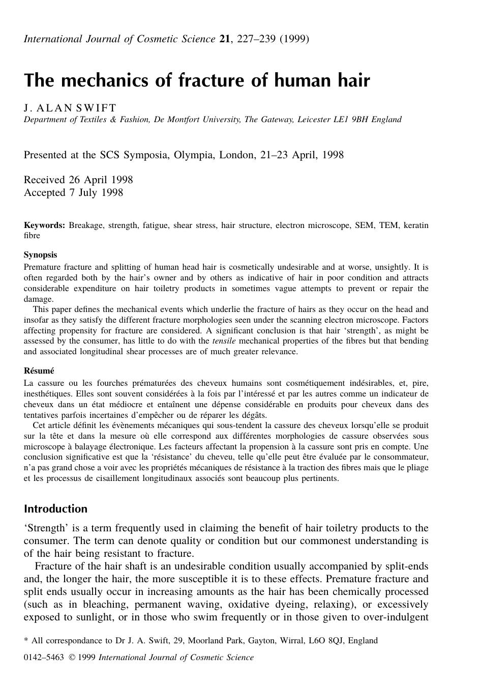 The mechanics of fracture of human hair by J . ALAN SWIFT
