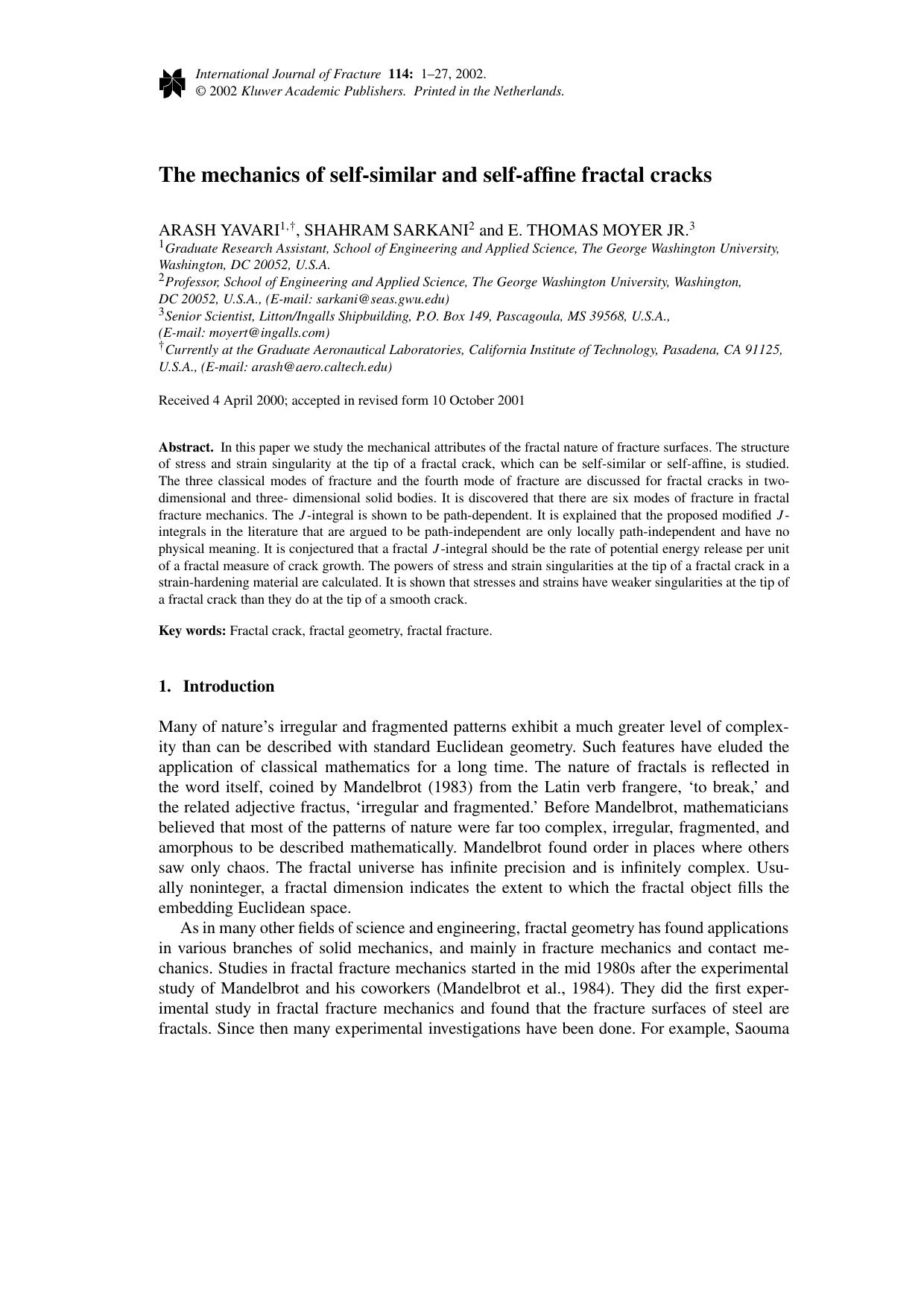 The mechanics of self-similar and self-affine fractal cracks by Unknown