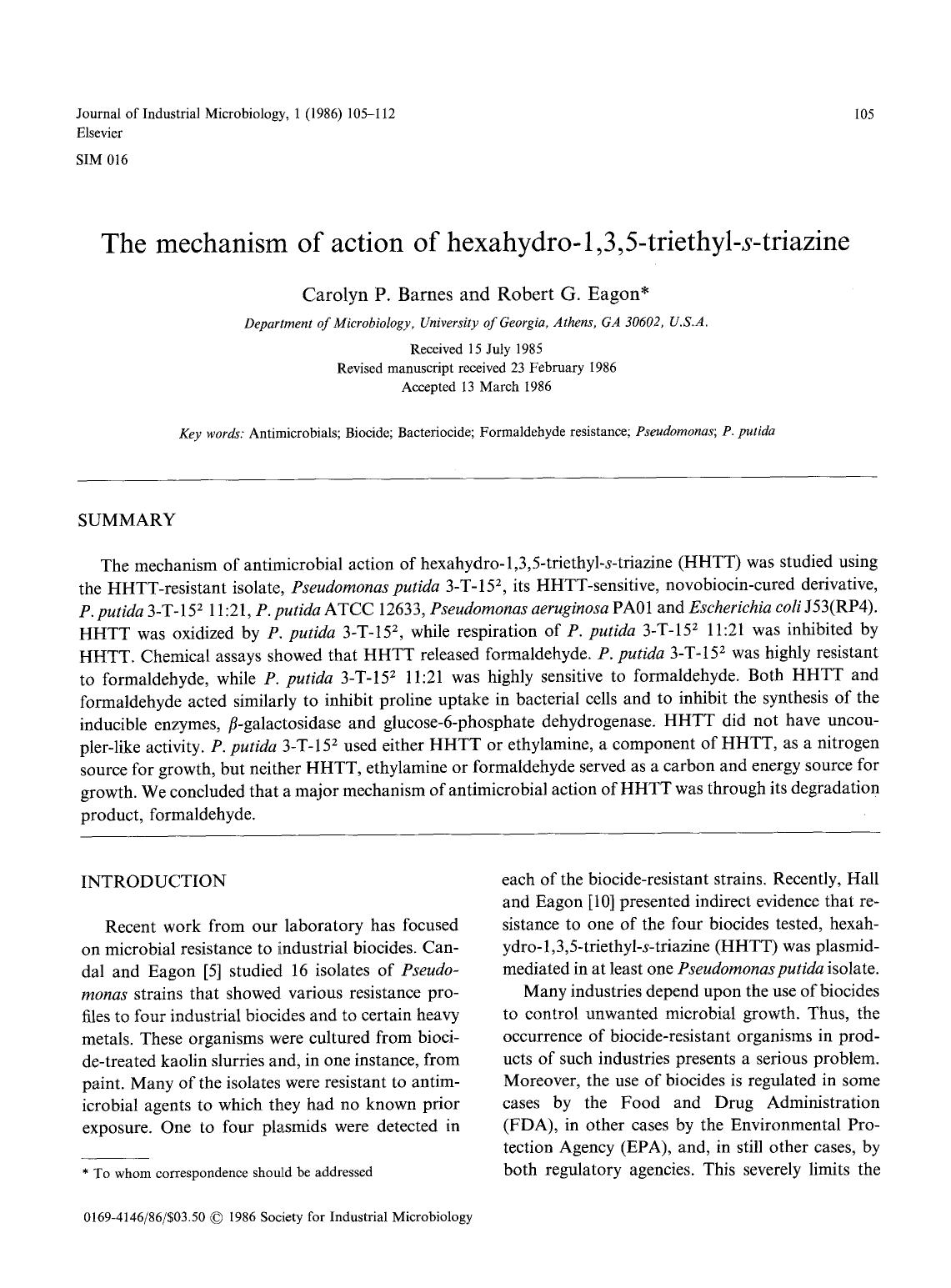 The mechanism of action of hexahydro-1,3,5-triethyl- <Emphasis Type="Italic">s <Emphasis>-triazine by Unknown