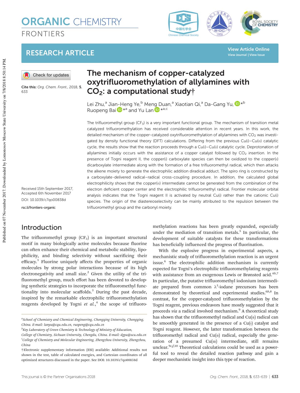 The mechanism of copper-catalyzed oxytrifluoromethylation of allylamines with CO2: a computational study by Lei Zhu Jian-Heng Ye Meng Duan Xiaotian Qi Da-Gang Yu Ruopeng Bai Yu Lan