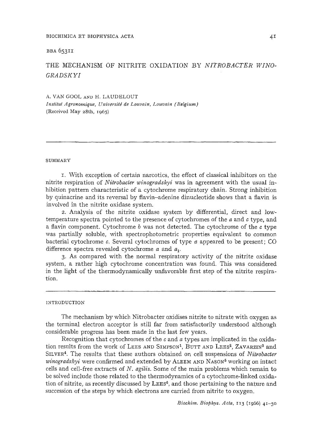 The mechanism of nitrite oxidation by Nitrobacter winogradskyi by A. Van Gool; H. Laudelout