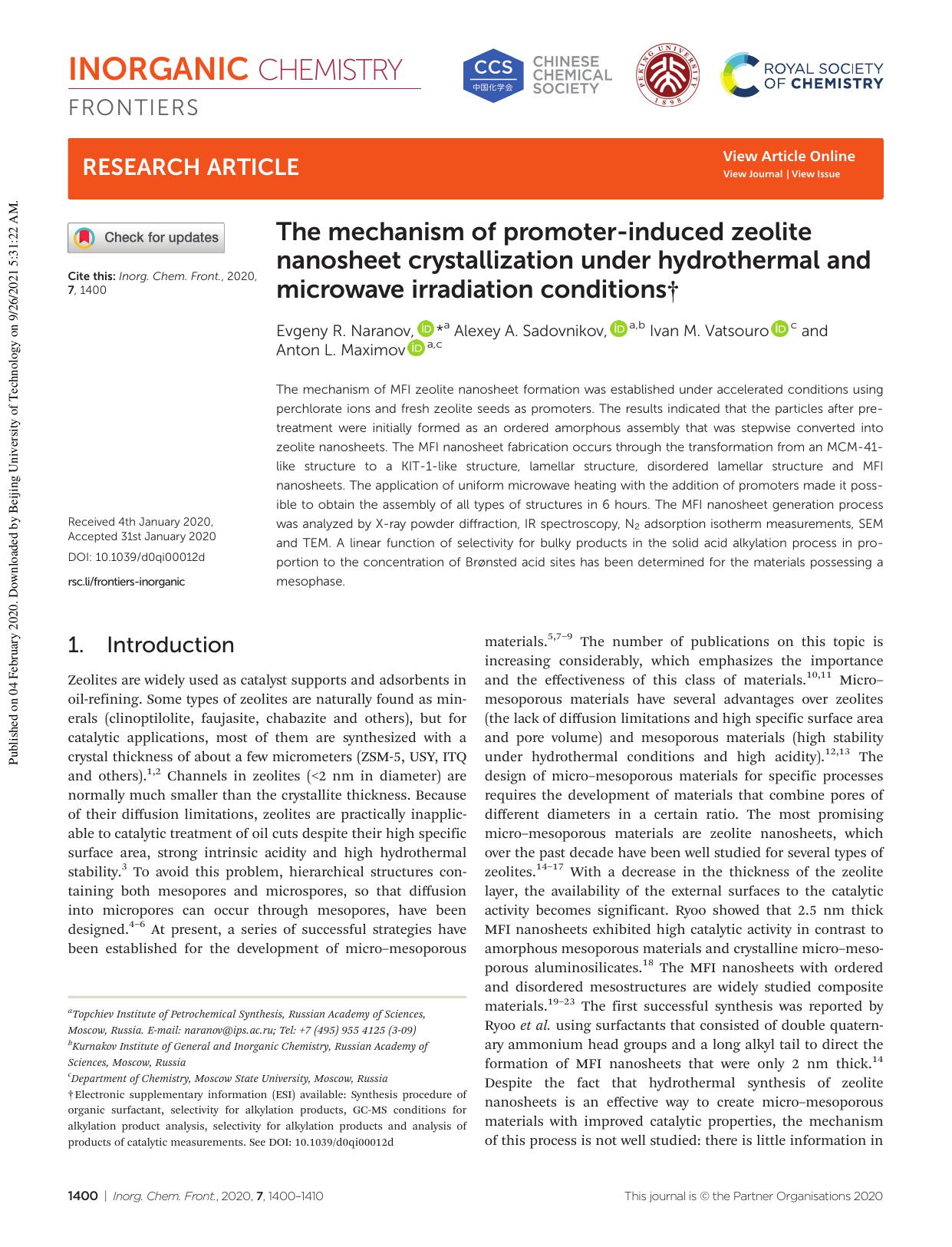 The mechanism of promoter-induced zeolite nanosheet crystallization under hydrothermal and microwave irradiation conditions by Evgeny R. Naranov Alexey A. Sadovnikov Ivan M. Vatsouro Anton L. Maximov