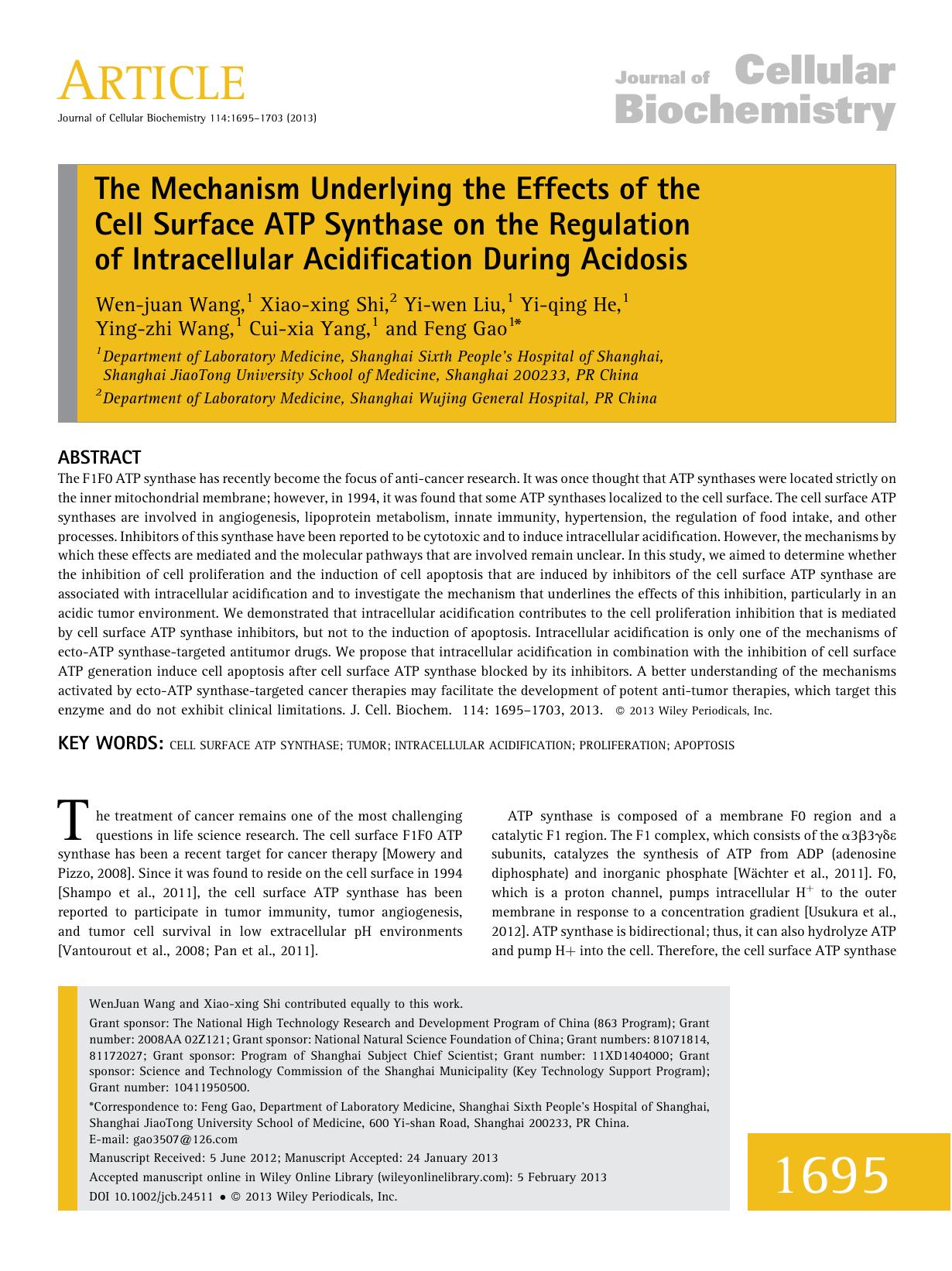 The mechanism underlying the effects of the cell surface ATP synthase on the regulation of intracellular acidification during acidosis by Unknown