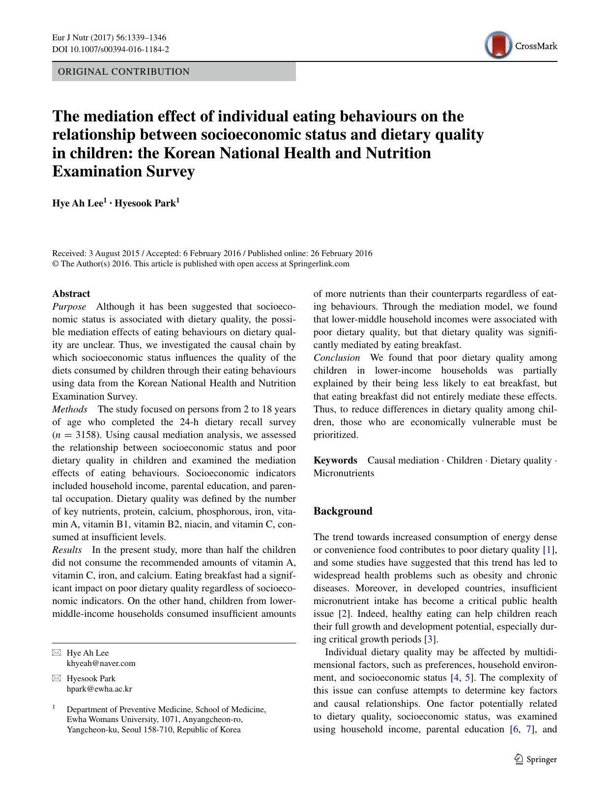 The mediation effect of individual eating behaviours on the relationship between socioeconomic status and dietary quality in children: the Korean National Health and Nutrition Examination Survey by Hye Ah Lee & Hyesook Park