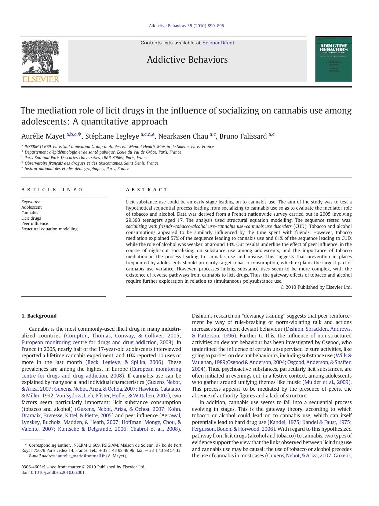 The mediation role of licit drugs in the influence of socializing on cannabis use among adolescents: A quantitative approach by Aurélie Mayet & Stéphane Legleye & Nearkasen Chau & Bruno Falissard