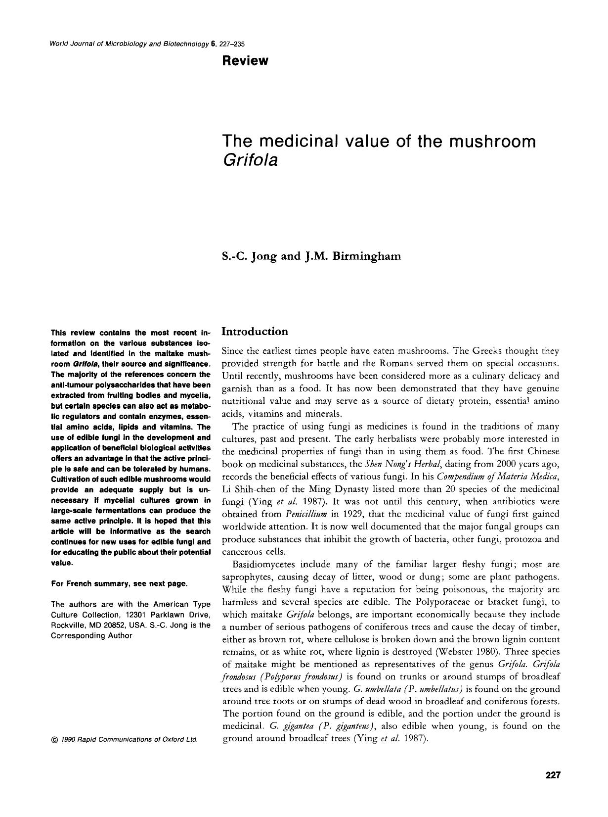 The medicinal value of the mushroom <Emphasis Type="Italic">Grifola <Emphasis> by Unknown