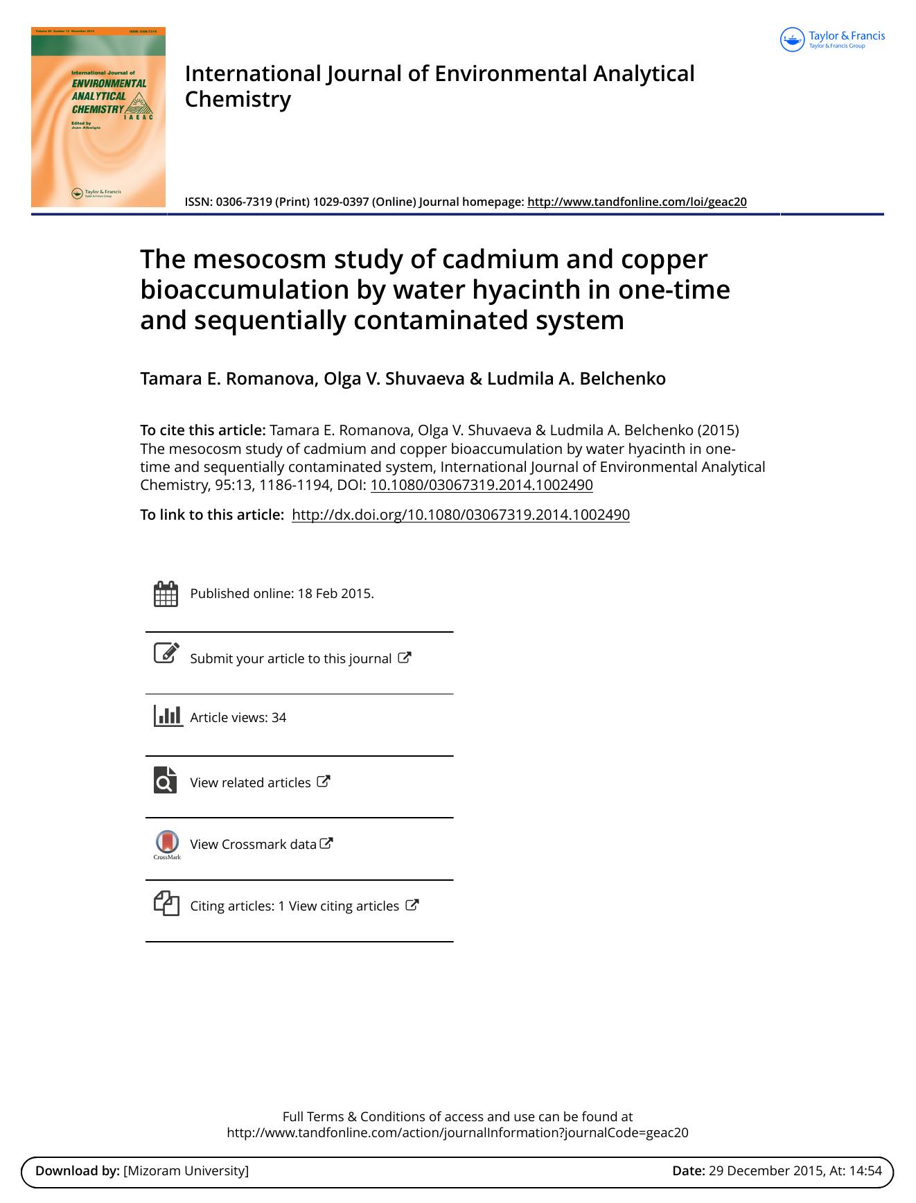 The mesocosm study of cadmium and copper bioaccumulation by water hyacinth in one-time and sequentially contaminated system by Tamara E. Romanova