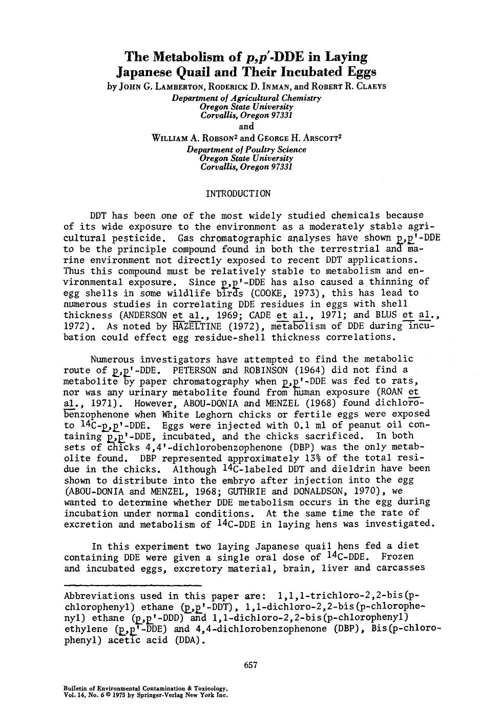 The metabolism of <Emphasis Type="Italic">p,p′ <Emphasis>-DDE in laying Japanese quail and their incubated eggs by Unknown