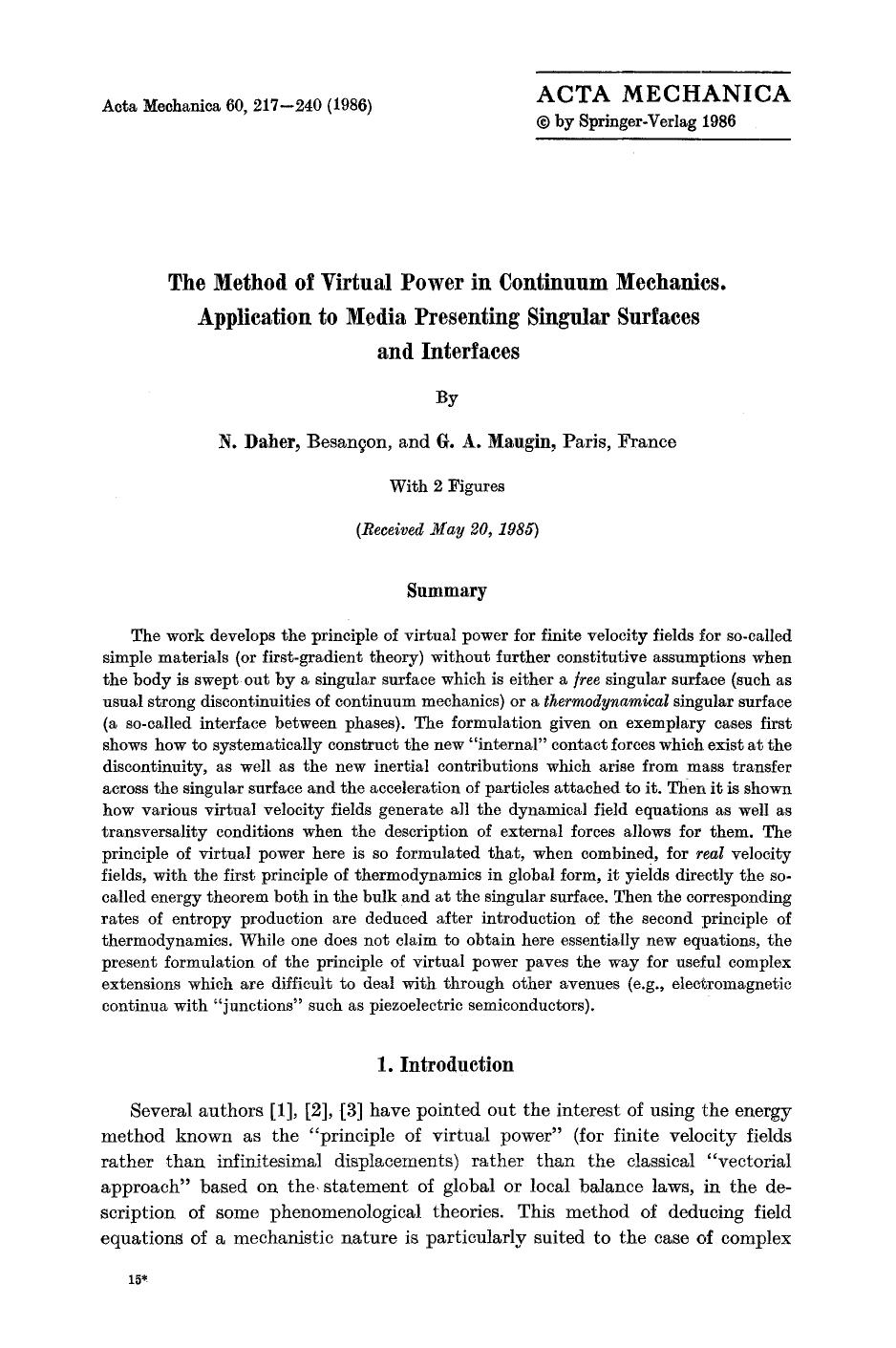 The method of virtual power in continuum mechanics application to media presenting singular surfaces and interfaces by Unknown