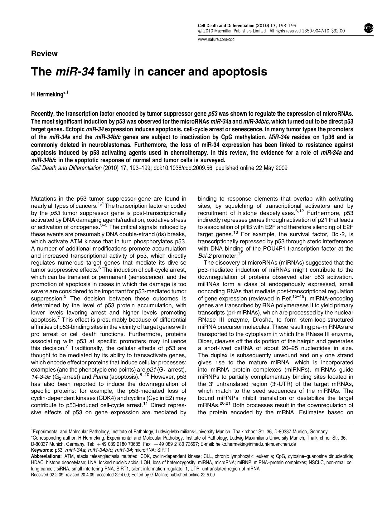 The miR-34 family in cancer and apoptosis by H Hermeking