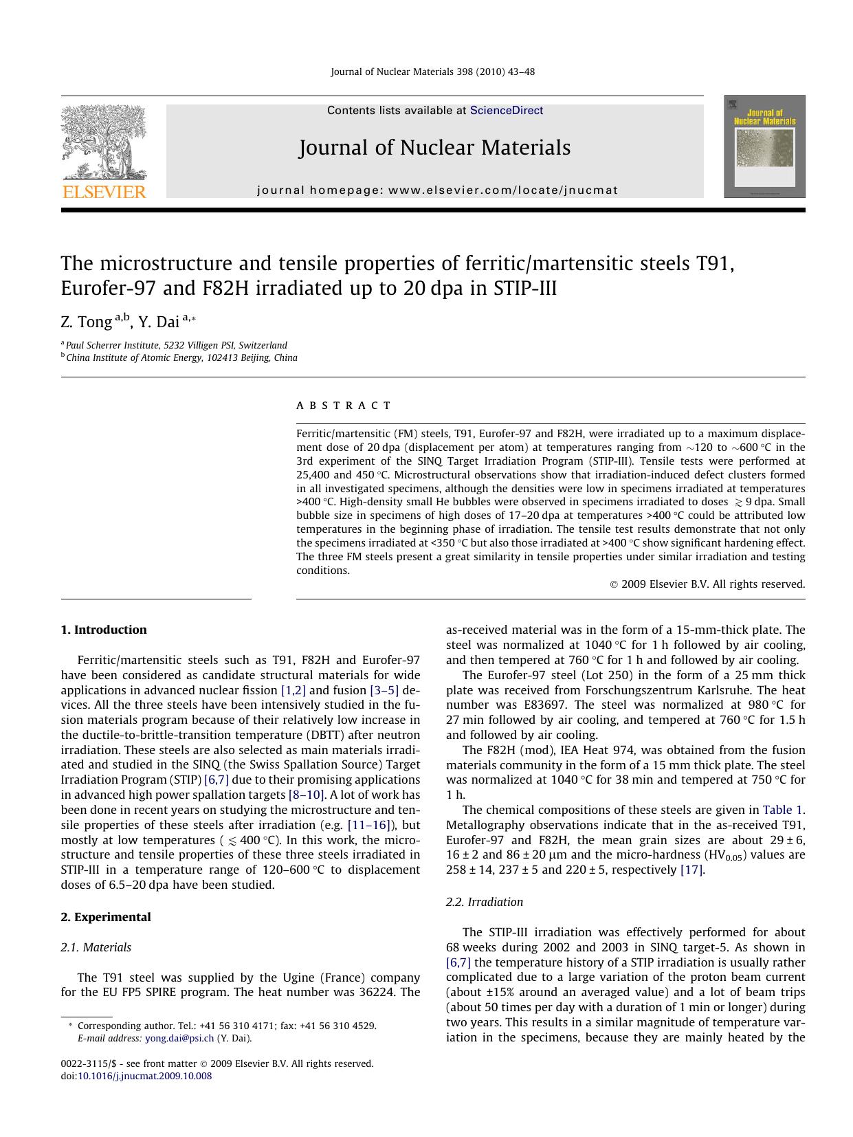The microstructure and tensile properties of ferriticmartensitic steels T91, Eurofer-97 and F82H irradiated up to 20dpa in STIP-III by Z. Tong; Y. Dai