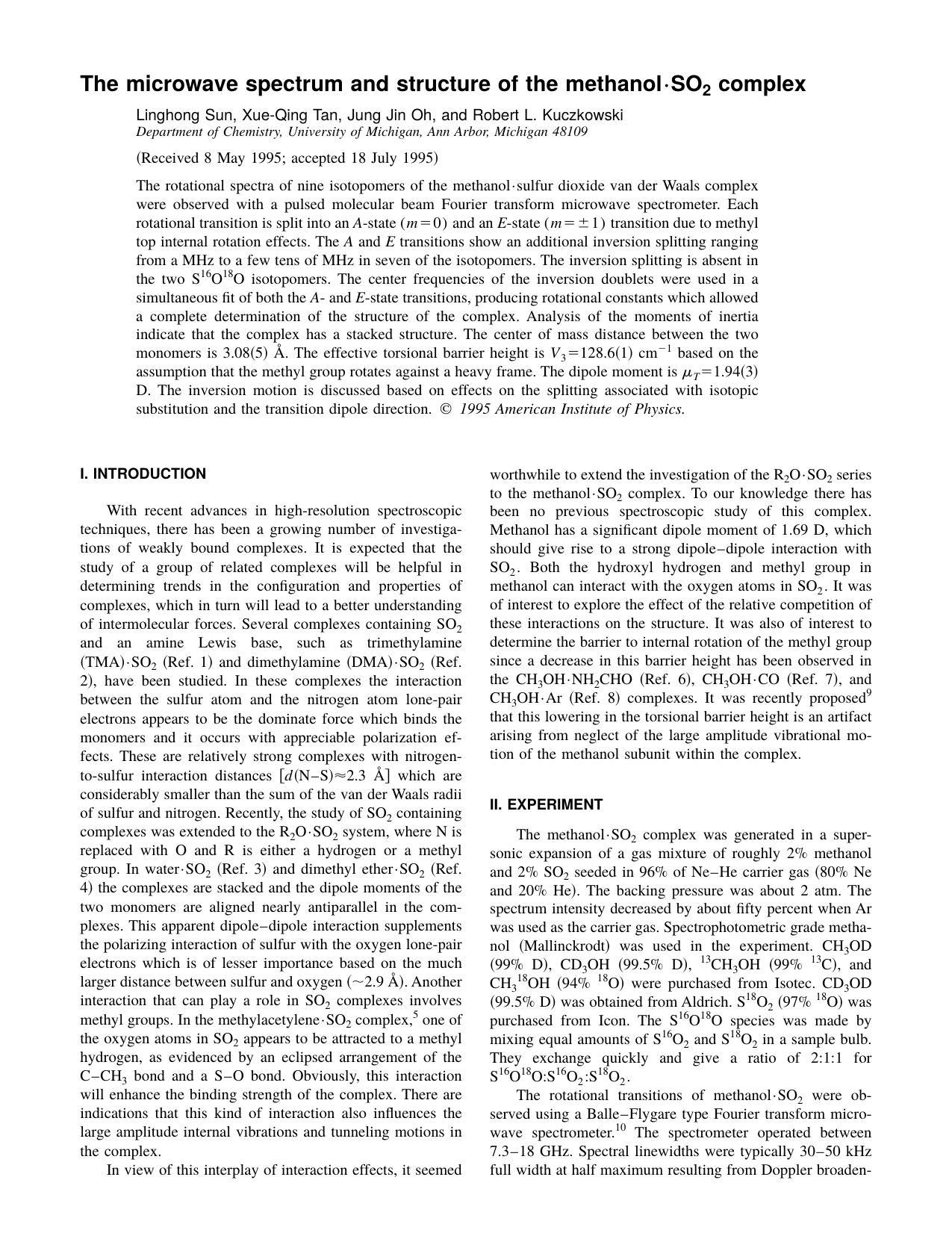 The microwave spectrum and structure of the methanol -SO 2 complex by Linghong Sun & Xue-Qing Tan & Jung Jin Oh & and Robert L. Kuczkowski