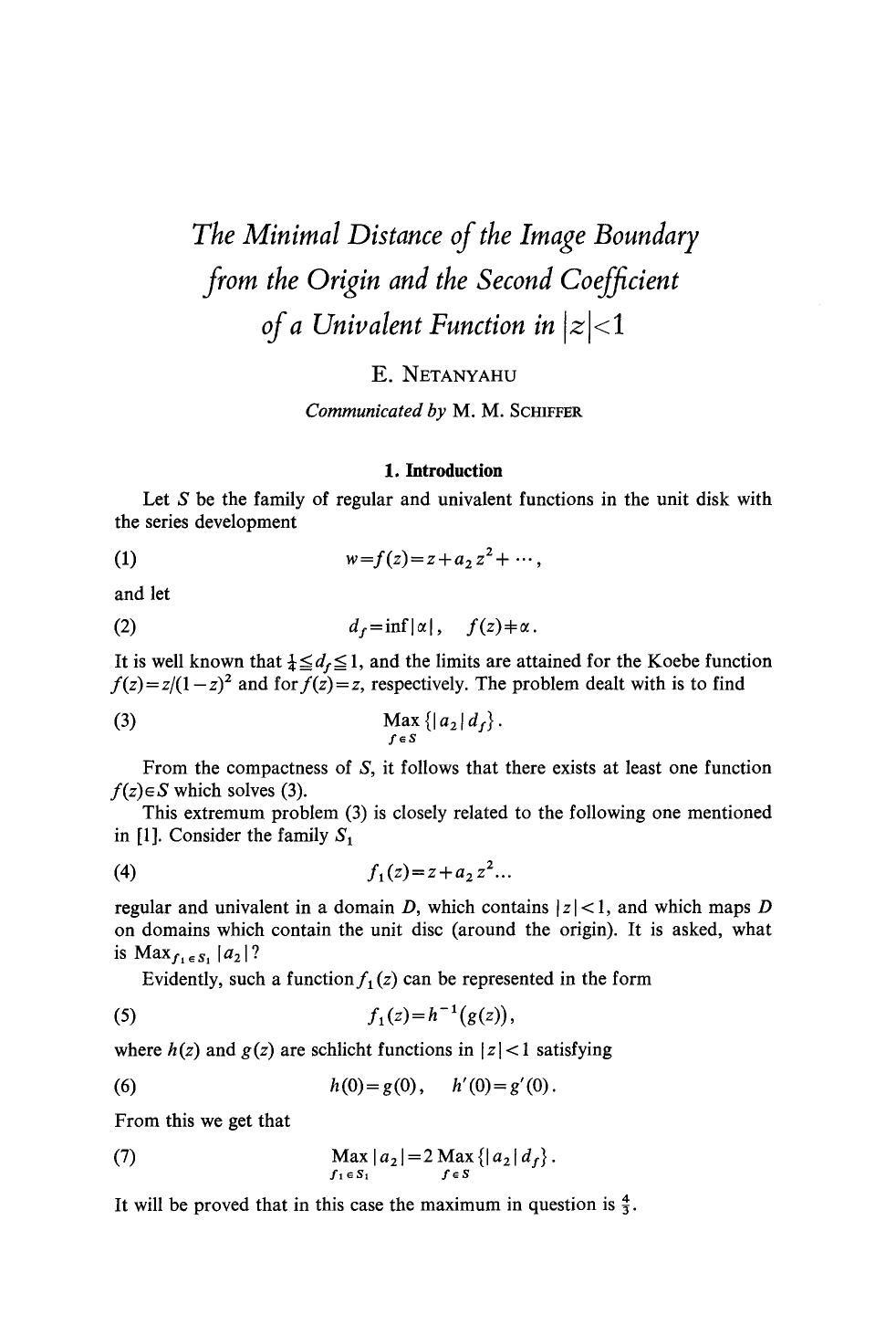 The minimal distance of the image boundary from the origin and the second coefficient of a univalent function in ¦z¦<1 by Unknown