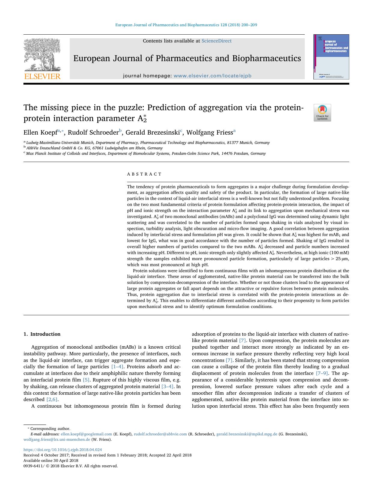 The missing piece in the puzzle_ Prediction of aggregation via the protein-protein interaction parameter Aâ2 by Ellen Koepf & Rudolf Schroeder & Gerald Brezesinski & Wolfgang Friess