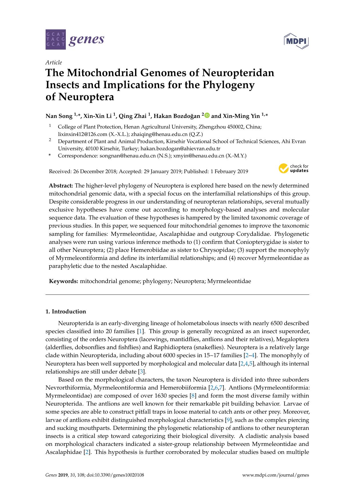 The mitochondrial genomes of neuropteridan insects and implications for the phylogeny of Neuroptera by Nan Song Xin-Xin Li Qing Zhai Hakan Bozdoğan Xin-Ming Yin